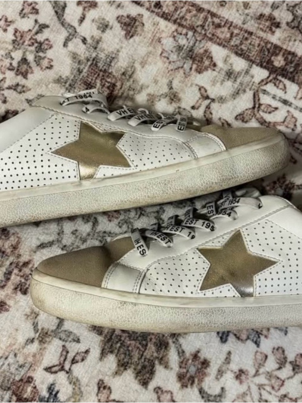 Vintage Havana White Sneakers with Gold Star and Tan Toe Cap